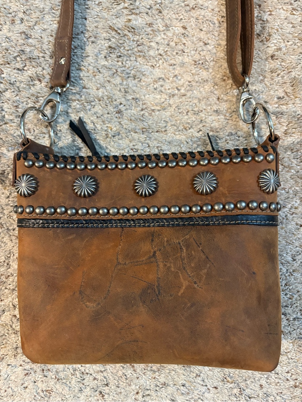 DCL Designer Custom Leather Brown Studded Leather Shoulder Bag EUC